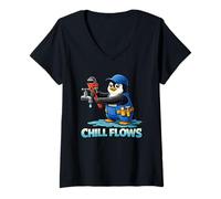 Women's Plumber Penguin Cartoon Pipefitter Mascot V-Neck T-Shirt