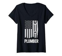 Womens Plumber Us Flag Plumbing Pipefitter 4th Of july V-Neck T-Shirt
