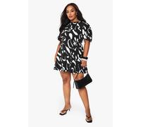 Womens Plus Abstract Puff Sleeve Skater Dress - Black - 20, Black
