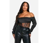 Womens Plus Bardot Pleated Lace Bodice Corset Top - Black - 18, Black