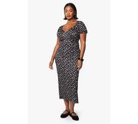 Womens Plus Blurred Polka Dot Puff Sleeve Midaxi Dress - Black - 22, Black