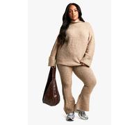 Womens Plus Borg High Neck Cuff Detail Knitted Jumper And Flare Trouser Co-Ord - Beige - 26, Beige