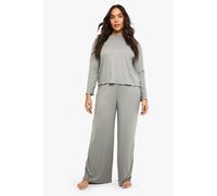 Womens Plus Brushed Rib Lettuce Hem Top & Trouser Lounge Set - Grey - 22, Grey