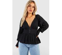 Womens Plus Button Down Broderie Smock Top - Black - 18, Black