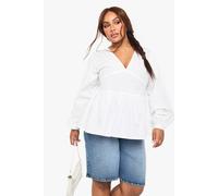 Womens Plus Cotton Poplin Blouson Sleeve Smock Top - White - 28, White