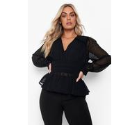 Womens Plus Dobby Mesh Volume Sleeve Blouse - Black - 20, Black