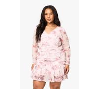 Womens Plus Floral Mesh Ruched Frill Hem Mini Dress - Pink - 16, Pink