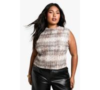 Womens Plus High Neck Plisse Snake Top - Grey - 22, Grey
