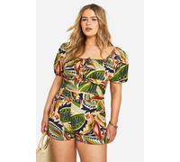 Womens Plus Linen Feel Paisley Print Puff Sleeve Ruched Crop Top - Green - 22, Green