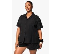 Womens Plus Linen Look Short Sleeve Shirt And Elasticated Waist Short Co-Ord - Black - 26, Black