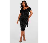 Womens Plus Sequin Off The Shoulder Wrap Midi Dress - Black - 24, Black