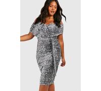 Womens Plus Sequin Off The Shoulder Wrap Midi Dress - Grey - 22, Grey
