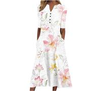 Women's Plus Size Anime V-Neck Button A-line Floral Party Dress - Pink3, XXL, High Waist, Short Sleeve, Maxi, One Size, Button Back, Pocket, Versatile, Dress