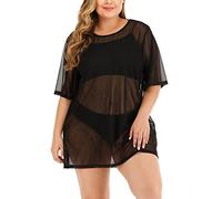 Women's Plus Size Beachwear Sexy Mesh Sheer Bikini Cover Ups Oversized Short Sleeve See-Through Blouse Swimsuit Ladies Summer Solid Fishnet T Shirt Bathing Suit