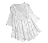 Women's Plus Size Bohemian Style Linen Tunic Tops Boho Peasant Floral Graphic Embroidered Blouses 2025 Hippie Ruffle Front Shirt for Older Women Western Retro 3/4 Sleeve White
