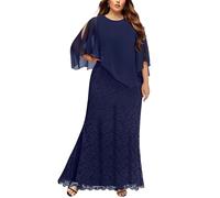 Women's Plus Size Cape Dress with Chiffon Overlay Gown Formal Evening Lace Long Mermaid Dresses 2025, Navy Blue, 26 Plus