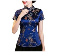 Women's Plus Size Cheongsam Top, Mandarin Collar Chinese Qipao Blouse Dragon Phoenix Print, Satin Short Sleeve Ethnic Frog Button Oriental Tang Suit Fashion Shirt for Wedding Party Chinese New Year