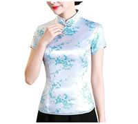 Women's Plus Size Cheongsam Top, Mandarin Collar Chinese Qipao Blouse Dragon Phoenix Print, Satin Short Sleeve Ethnic Frog Button Oriental Tang Suit Fashion Shirt for Wedding Party Chinese New Year