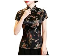 Women's Plus Size Cheongsam Top, Mandarin Collar Chinese Qipao Blouse Dragon Phoenix Print, Satin Short Sleeve Ethnic Frog Button Oriental Tang Suit Fashion Shirt for Wedding Party Chinese New Year