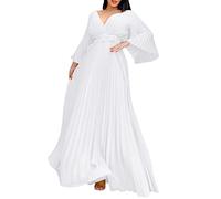 Women's Plus Size Deep V Neck Sexy Waist Pleated Evening Dresses Big Swing Bodycon Dress Long Dress Solid Colour Bell-Bottomed Sleeve Prom Gowns Elegant Party Cocktail Dresses Maxi Dress White