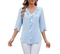 Womens Plus Size Dressy Casual Tops 3/4 Length Sleeve V Neck Ruffle Chiffon Blouses Summer Loose Fit Tunic Shirts (Sky,XXL)