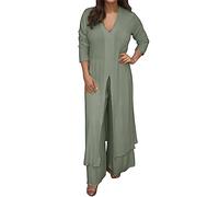 Women's Plus Size Elegant Evening Suit Sets 2-Piece Set Chiffon Shirt High Waist Trouser Suit Women's Casual Plus Size V Neck Long Sleeved Beach Slit Long Top Trousers Blouse Bottom Green