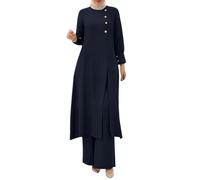 Women's Plus Size Elegant Evening Suit Sets Muslim Two Piece Trouser Suit Fashionable and Elegant Solid Color Irregular Long Shirt Top with Wide Leg Pants Streetwear Casual Suit (Blue, M)