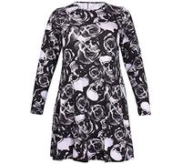 Womens Plus Size Flower Tartan Check Printed Ladies Round Neckline Flared Swing Dress Jumper Long Top Skull & Rose 16