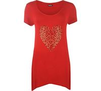 Womens Plus Size Gold Animal Heart Hanky Hem Ladies Short Sleeve Long Top - Red - 26/28