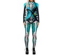 Women's Plus Size Halloween Costumes Skeleton Bone Skull Bodysuit Long Sleeve Onesie Horror Movie Jumpsuits Scary Skinny One Piece Catsuit Fullbody Costume Holiday Bat Clothes, Sky Blue, XL