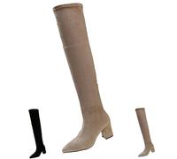Women's Plus Size High Ankle Boots, Women's Leather Square Heel Boots, Pointed Boot, Suede Boot, Stretch Boots, Thin Calves, Solid Color Casual Boot, Big Calf, 35-42, khaki, 6 UK