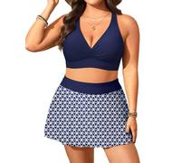 Women's Plus Size High Waisted Bikini - Two Piece Swimsuit with Skirt 2025 Tummy Control Bathing Suit with Pocket, Blue Geometry, 16 Plus