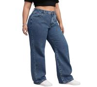 Women's Plus Size High Waisted Wide Leg Jeans Elastic Waist Straight Leg | baggy jeans loose fit curve blue Stretch Waistband high rise Comfort Casual Trousers with Pockets Button Zipper Closure