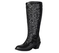 Women's Plus Size Knee High Boots Block Heel Lace Mesh Round Toe Supportive Dress Boots for Casual & Party Extended Size Comfortable Fit,Black,4 UK