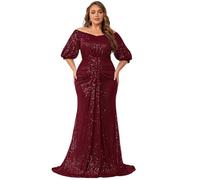Women's Plus Size Off Shoulder Puff Sleeve Sequin Formal Maxi Dress Evening Party Gowns, Red, XL