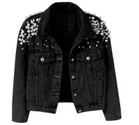 Women's Plus Size Pearl Rhinestone Embellished Short Denim Jacket Lapel Collar Dual Chest Flap Pockets Long Sleeve Jean Coat Button Closure Fitted Retro Night Club Party Cropped Jean Outerwear