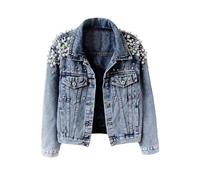Women's Plus Size Pearl Rhinestone Embellished Short Denim Jacket Lapel Collar Dual Chest Flap Pockets Long Sleeve Jean Coat Button Closure Fitted Retro Night Club Party Cropped Jean Outerwear