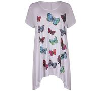 Womens Plus Size Round Neck Short Sleeves Glitter Bead Butterfly Print Motif Hanky Hem Long Top T-Shirt T-Dress 14-28 (22/24, White)