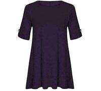 Womens Plus Size Scoop Neck Short Sleeve Flared Ladies Long Plain Top 3/4 Button Sleeve T Shirt(White UK 12-14)