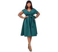 Women's Plus Size Sexy V Neck Dress Elegant Off-Shoulder Tie Design At Waist Big Swing Midi Cocktail Evening Dress (Color : Green, Size : XL)