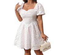 Women's Plus Size Short Dress Jacquard Short Puff Sleeve Sweetheart Neck Smocked Dress Summer A-Line Mini Sundress (A-White, 2XL)