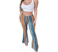 Women's Plus Size Stretchy High Waist Bell Bottom Pants Slimming Casual Street Spring Straight Retro Floral Print Trousers Leggings (Yellow, XXXL)