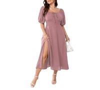 Women's Plus Size Summer Dress Short Sleeve Square Neck Milkmaid Dress Tie Front Split A-Line Maxi Long Dresses, Pink, XL Plus