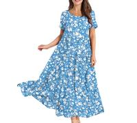 Womens Plus Size Summer Maxi Dresses Casual Short Sleeve Crew Neck Swing Long Sundress Flowy Tiered Party Dress for Beach, Holiday, Wedding Gifts for Her,Blue,L,u07k