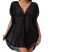 Women's Plus Size Swimsuit Beach Cover Up Loose Solid Lace Crocket Floral Oversized Bikini Beachwear Bathing Suit Batwing Baggy Lightweight Boho Beach Dress Swimming Costumes Black
