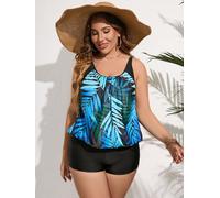 Women's Plus Size Tankini Swimsuit Tropical Leaf Print Flowy Bathing Suit with Boyshorts Two Piece Tummy Control Swimwear