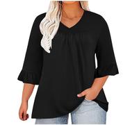 Women's Plus Size Top 3/4 Ruffled Sleeve Shirt Oversized Tee Shirt Casual Loose Plain Blouses V-Neck Pleated T-Shirt Ladies Summer Fashion Top Elegant Solid Tshirts Going Out Tops Black