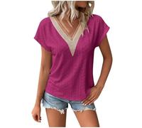 Womens Plus Size Tops Lace V Neck Petal Short Sleeve Blouse Eyelet Hollow Dressy Casual T Shirts(Hot Pink, L)