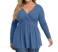 Women's Plus Size Tops Long Sleeve Tee Shirt Wrap V Neck Basic Ladies Casual Pleated Loose Fit T Shirts,Womens Summer Tops Dressy Casual Button Down V Neck Shirts 3/4 Sleeve Tie Front Loose,u617k