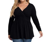 Women's Plus Size Tops Long Sleeve Tee Shirt Wrap V Neck Basic Ladies Casual Pleated Loose Fit T Shirts,Plus Size Women's Long Sleeve V Neck Waist Tunic Top, Flowy Pleated Blouse for Casual,u515k